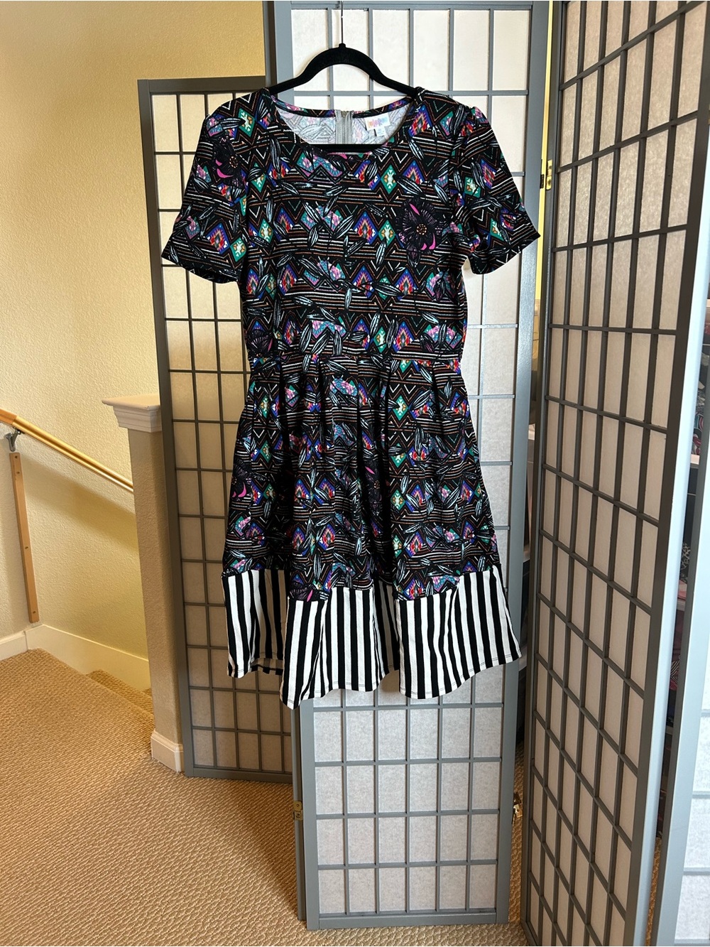 NWT LuLaRoe Amelia Black Geometric Midi Dress with Colorful Accents